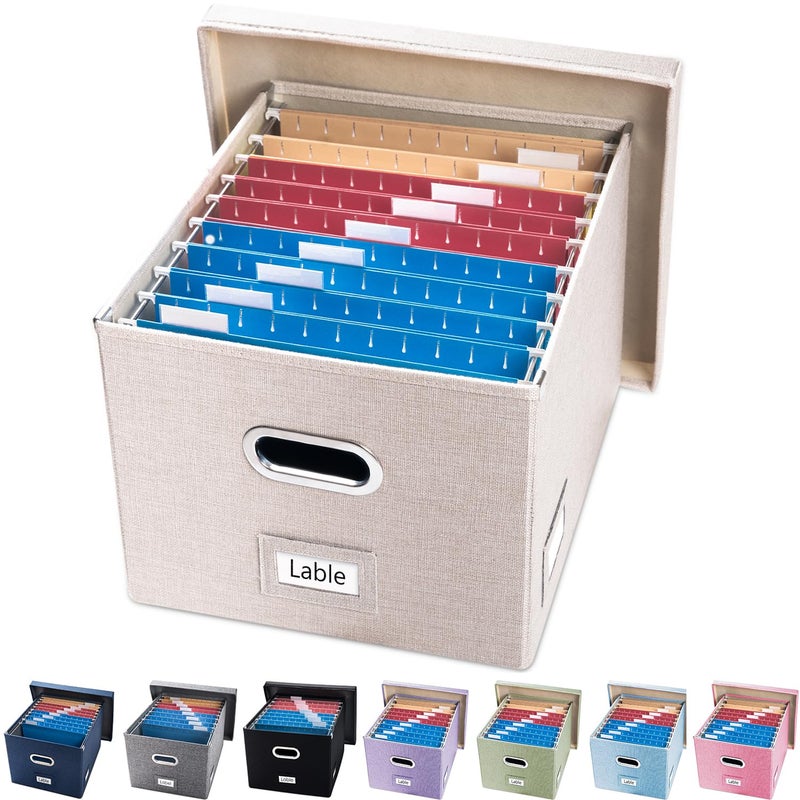 PRANDOM File Organizer Box - Set of 1 Collapsible Decorative Linen Filing Storage Hanging File Folders with Lids Office Cabinet Letter/Legal Size Light Grey (17x14x11.2 inch) - Image 1